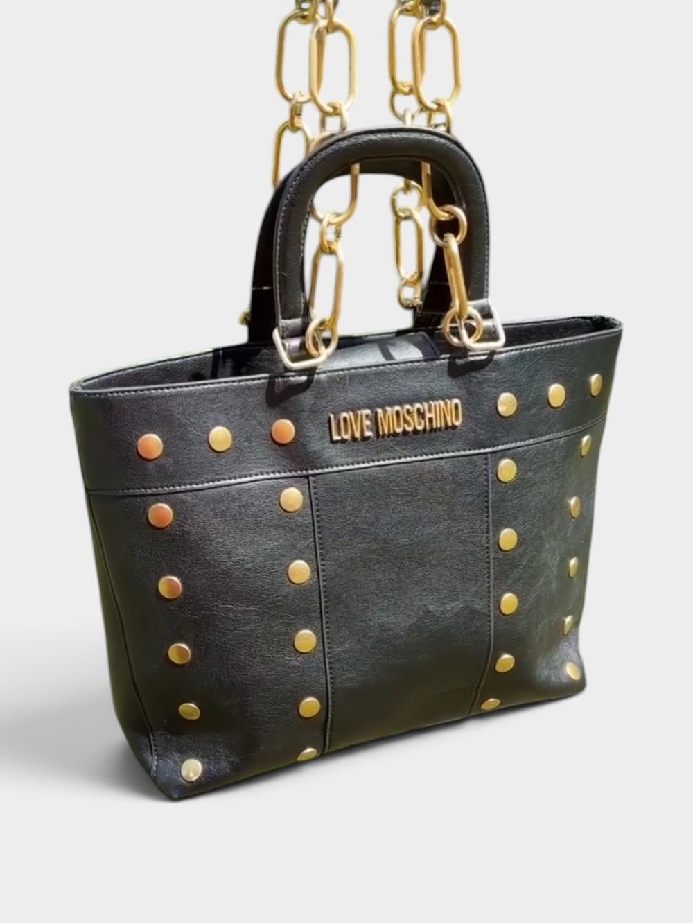Love Moschino Black Leather Tote with Gold Stud Accents